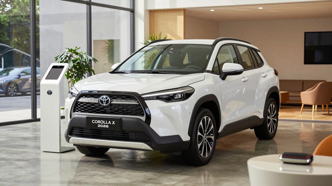 2026 Toyota Corolla X displayed in a modern showroom setting.