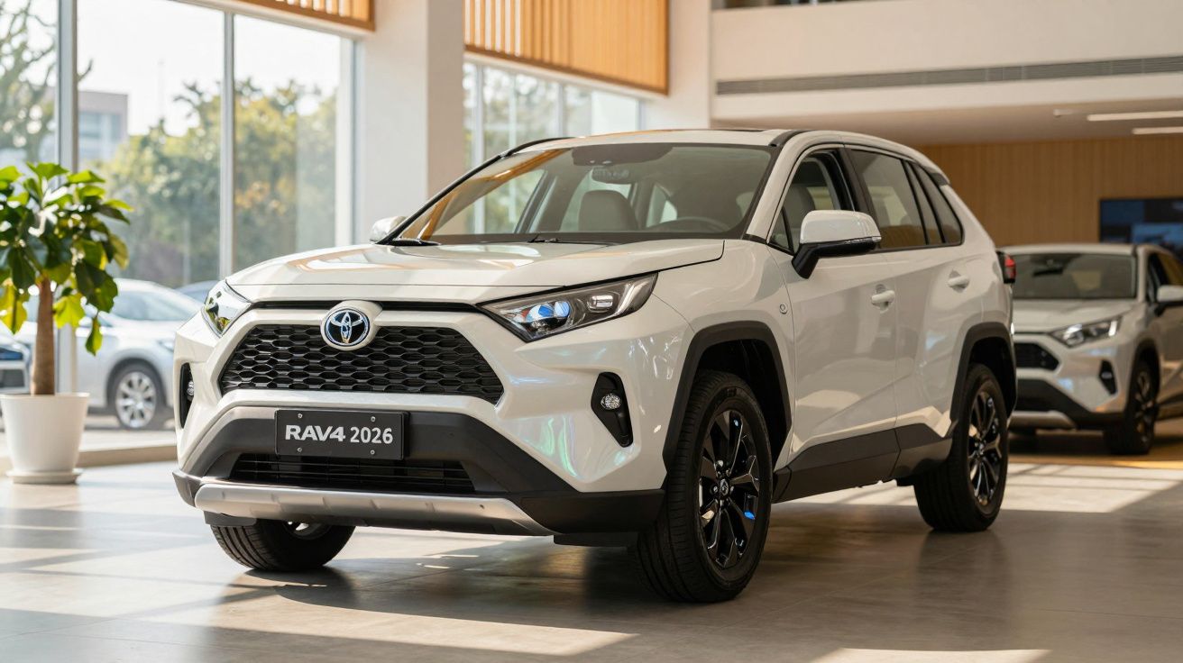 2026 white Toyota RAV4 parked in a showroom with large windows and another car in the background.