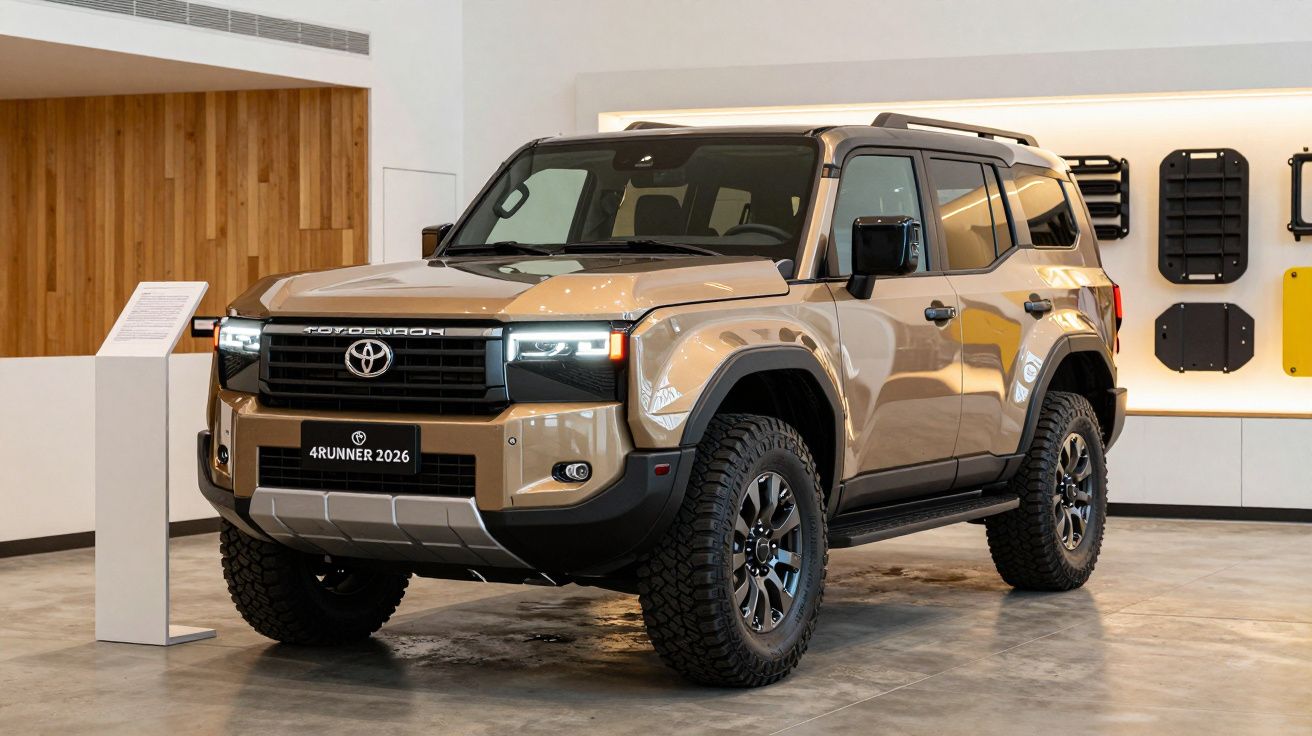 Toyota 4Runner 2026 in a showroom, featuring rugged design and tires, with a display of vehicle parts on the wall.