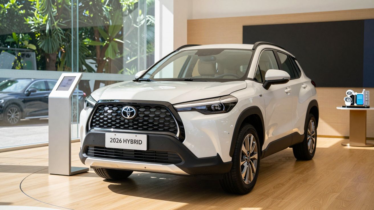 White 2026 Toyota Hybrid SUV on display in a showroom with large windows and a digital kiosk nearby.