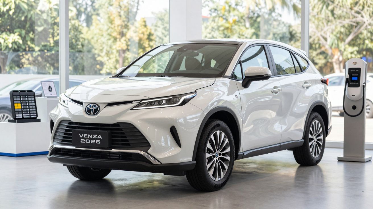 2026 white Toyota Venza displayed in a showroom with a charging station nearby.