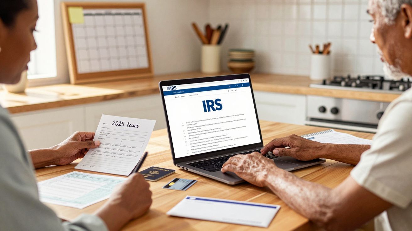 Two people reviewing 2025 tax documents with IRS website on laptop in a kitchen setting.