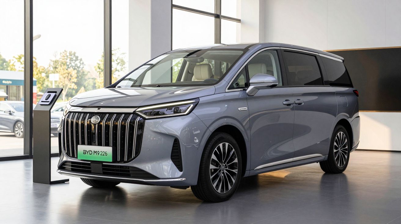 Silver minivan with sleek design on display in a showroom with large windows.