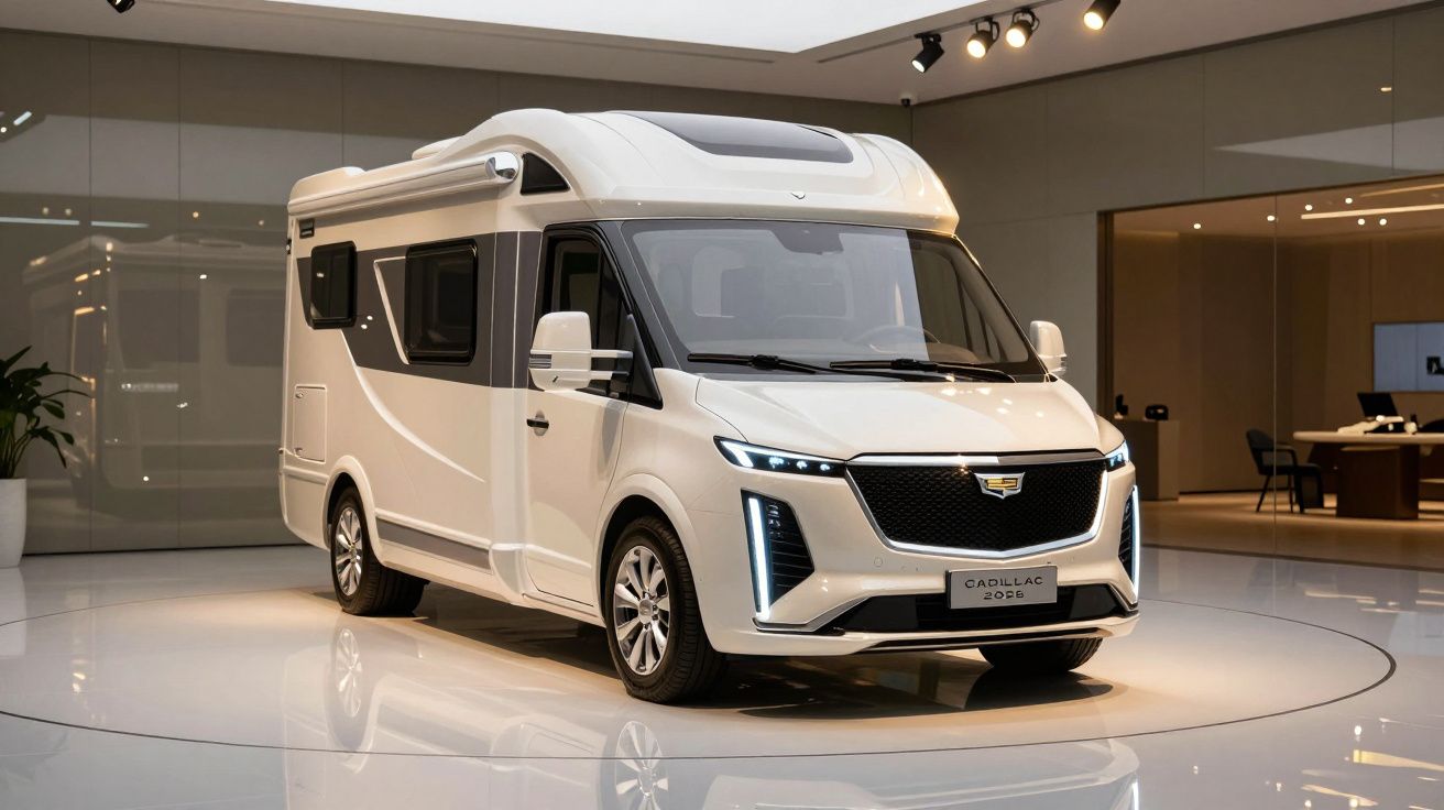 Sleek white luxury camper van with black window accents, showcased in a modern showroom with soft lighting.