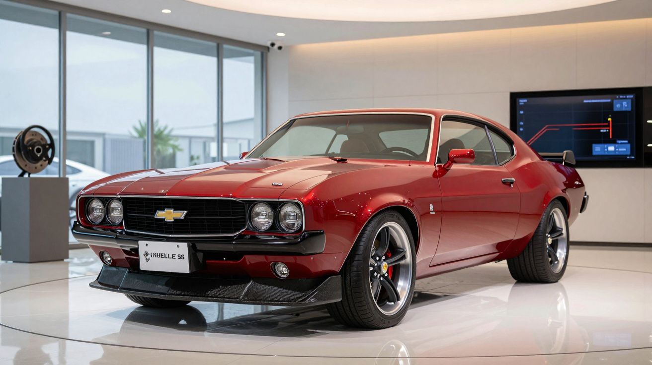 Red vintage-style car on display in a modern showroom with large windows and a screen on the wall.