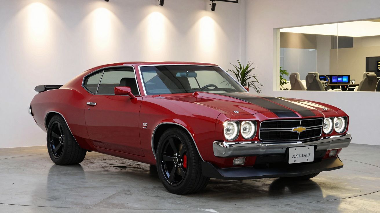 Red classic Chevrolet Chevelle with black racing stripes, parked in a modern showroom.