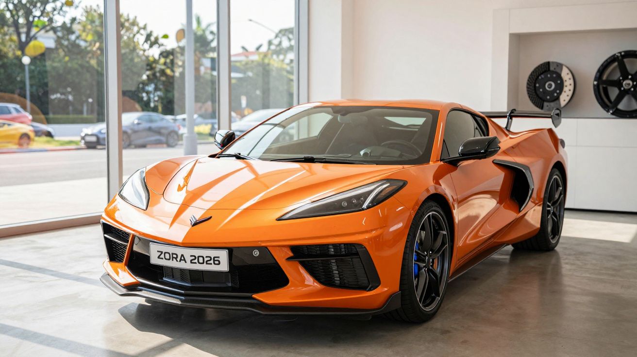 Orange sports car labeled "Zora 2026" displayed in a showroom with large windows.