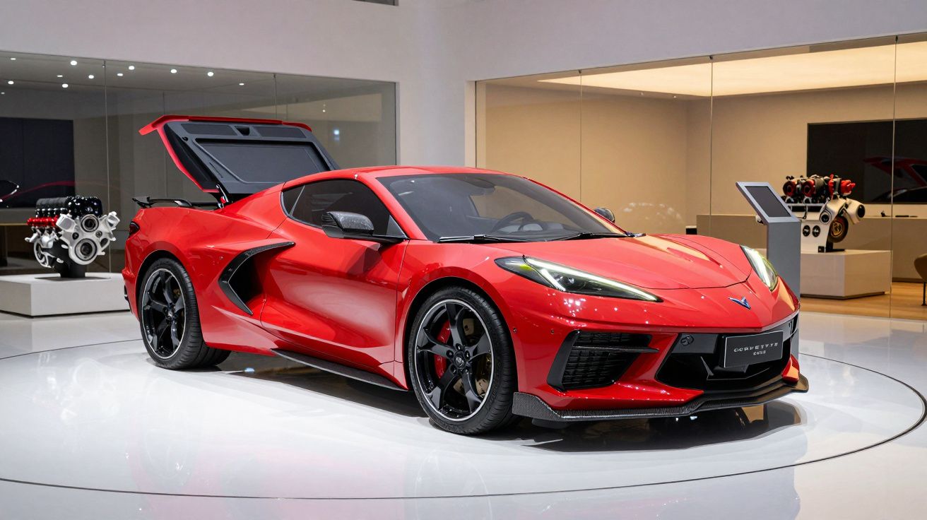 Red sports car with open rear hatch on display in a showroom with engine models in the background.
