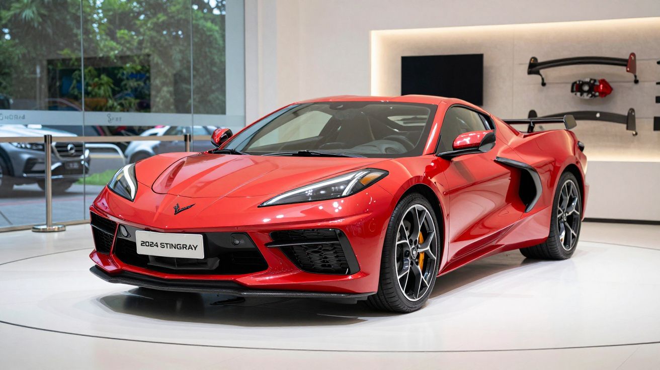 Red 2024 Corvette Stingray sports car displayed indoors with sleek design and black accents.
