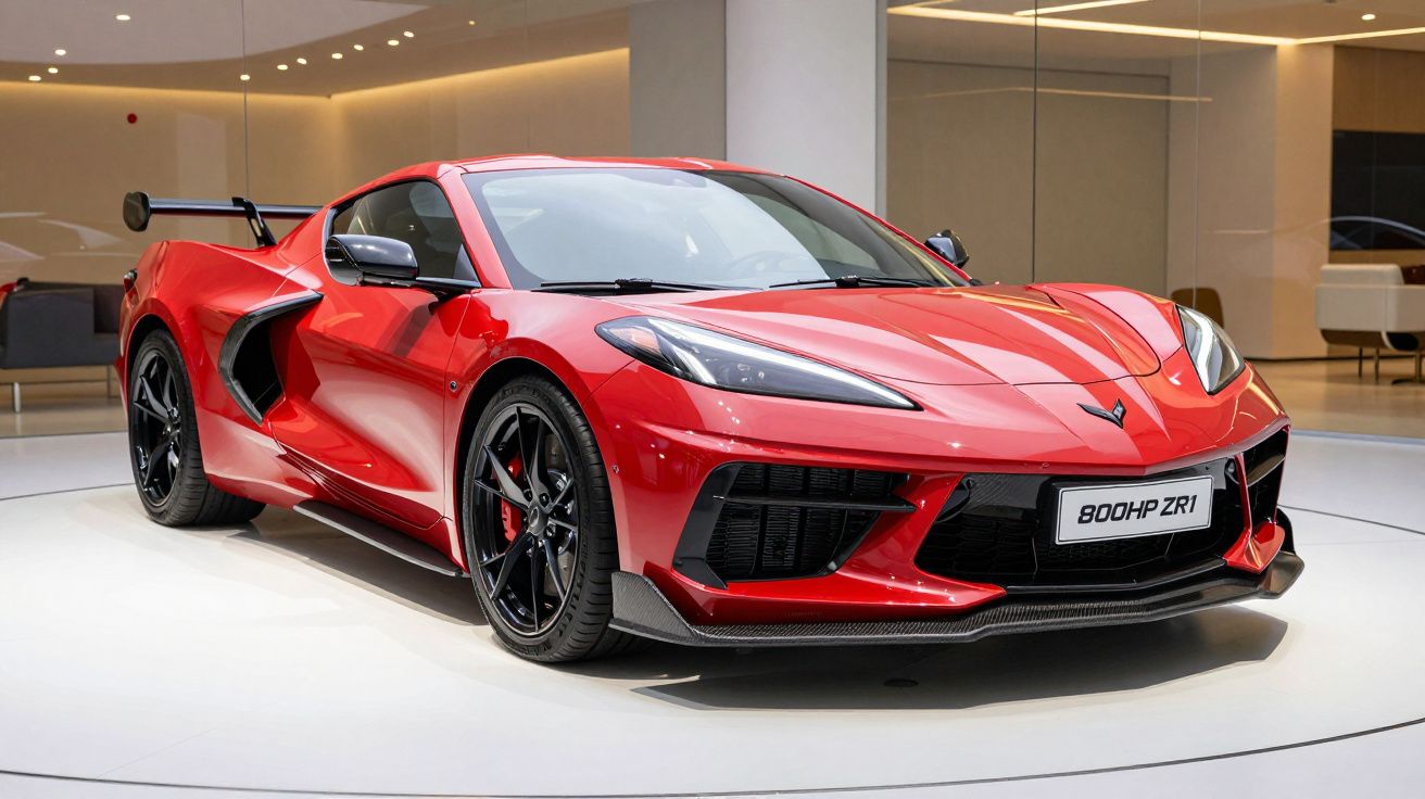 Sleek red sports car with a black spoiler displayed in a modern showroom.