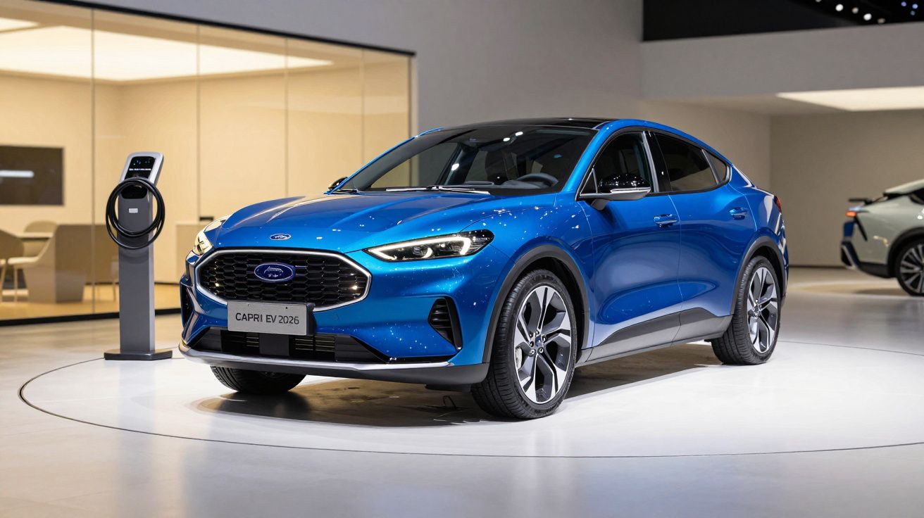 Blue Ford Capri EV 2026 displayed in a modern showroom with charging station on the left.