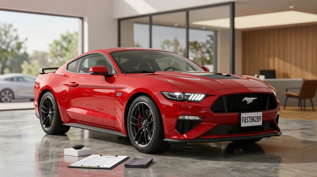 Red sports car parked indoors, surrounded by paperwork and a small box on the floor, in a modern, sunlit room.