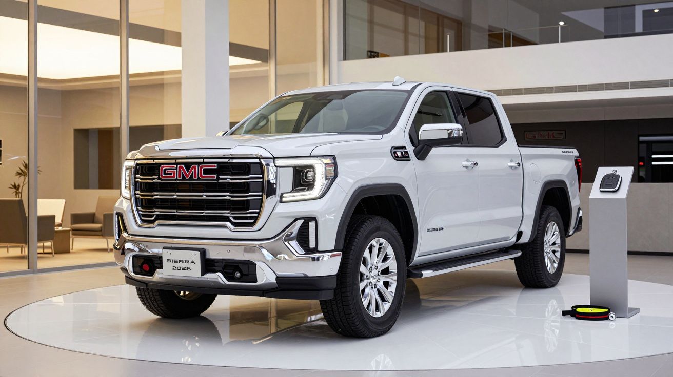 White GMC Sierra 2020 pickup truck in a showroom with large windows and modern decor.