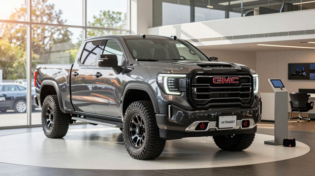 Gray GMC truck on display in a showroom with bright windows and modern decor.