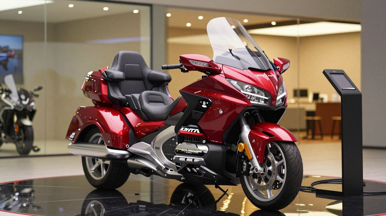Red touring motorcycle with large windshield and passenger seat, displayed indoors on a circular platform.