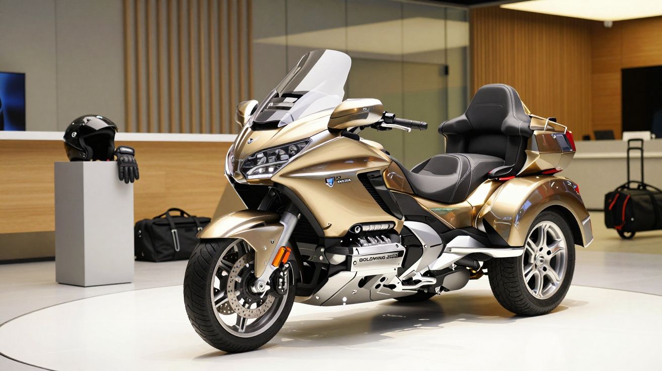 Gold three-wheeled motorcycle displayed in a modern showroom with a helmet and gloves on a pedestal nearby.