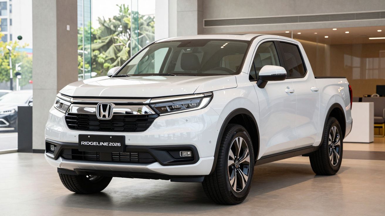White 2025 Honda Ridgeline pickup truck in a showroom setting.