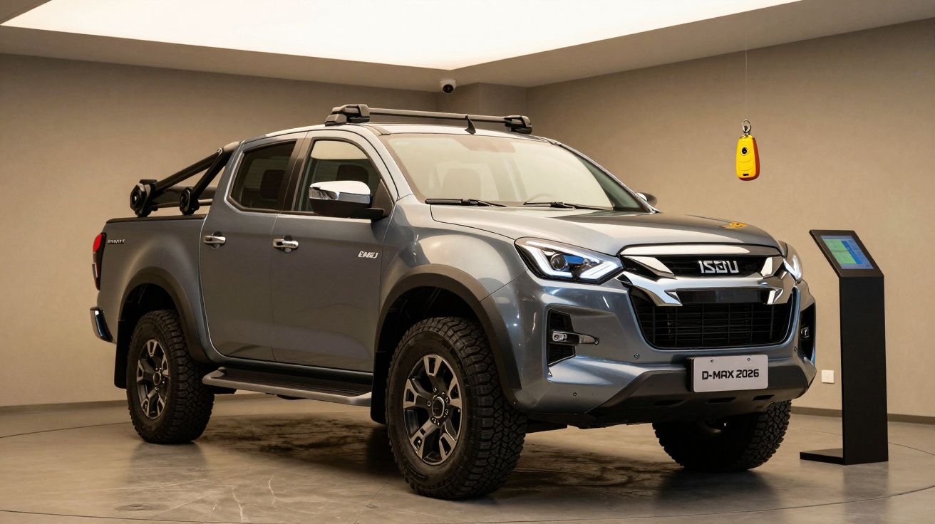 Gray Isuzu D-Max 2026 pickup truck displayed in a showroom with soft lighting.