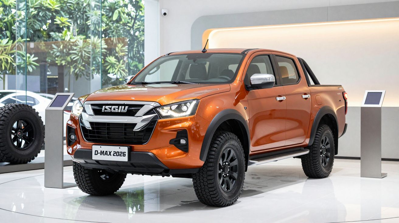 Orange pickup truck displayed in a showroom with large tires and a sleek design.