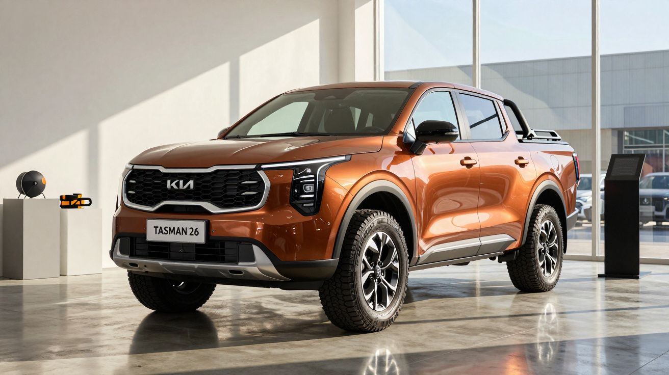Orange Kia Tasman 26 pickup truck in a showroom with large windows in the background.