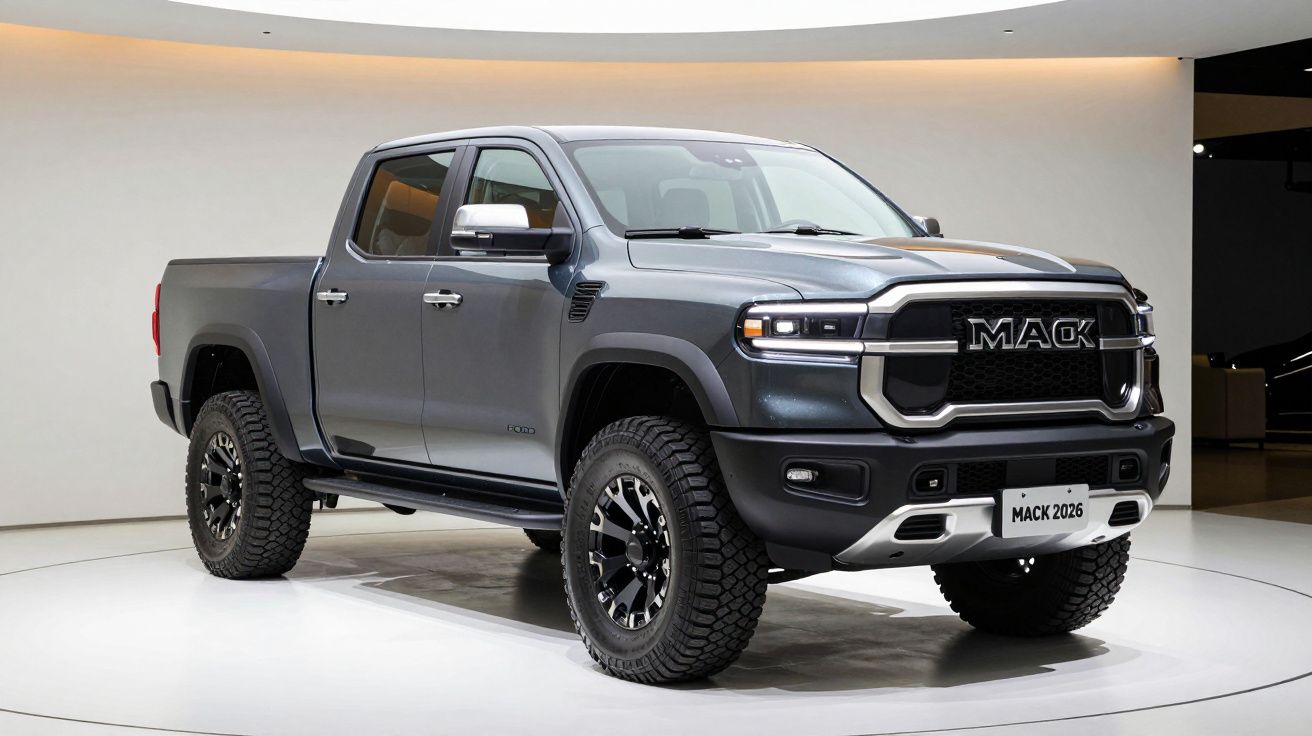 Dark gray Mack 2026 pickup truck on display in a showroom with modern lighting.