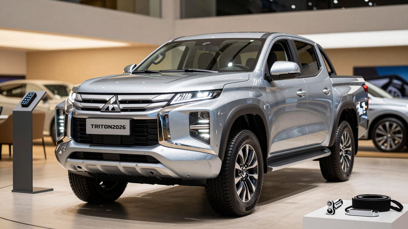 Silver Mitsubishi Triton 2026 pickup truck displayed in a showroom setting.
