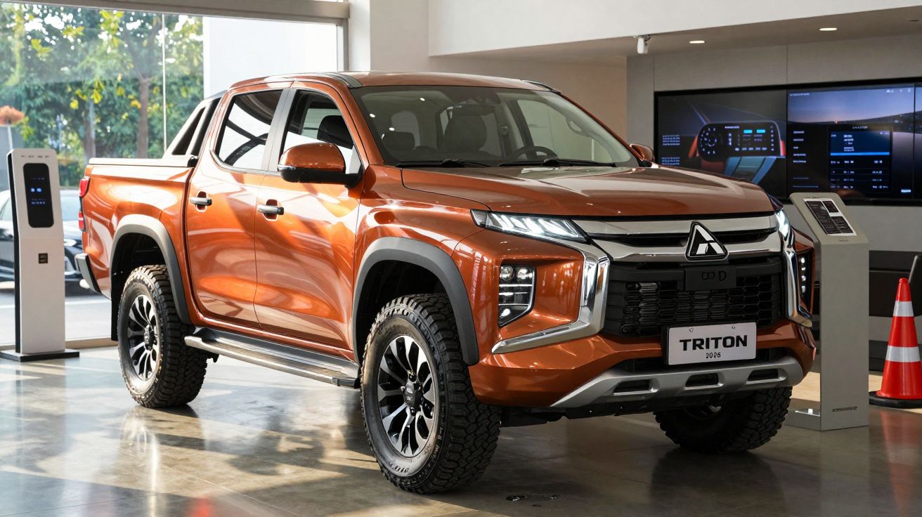 Orange pickup truck displayed in a showroom with charging station and digital screens in the background.