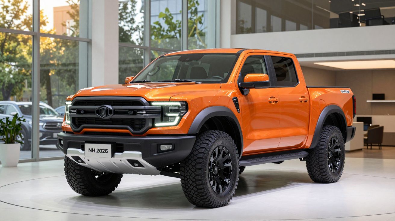 Orange pickup truck in a showroom with large tires and modern design.