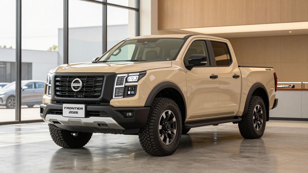 Beige 2026 Nissan Frontier pickup truck parked in a modern showroom with large windows and polished floor.