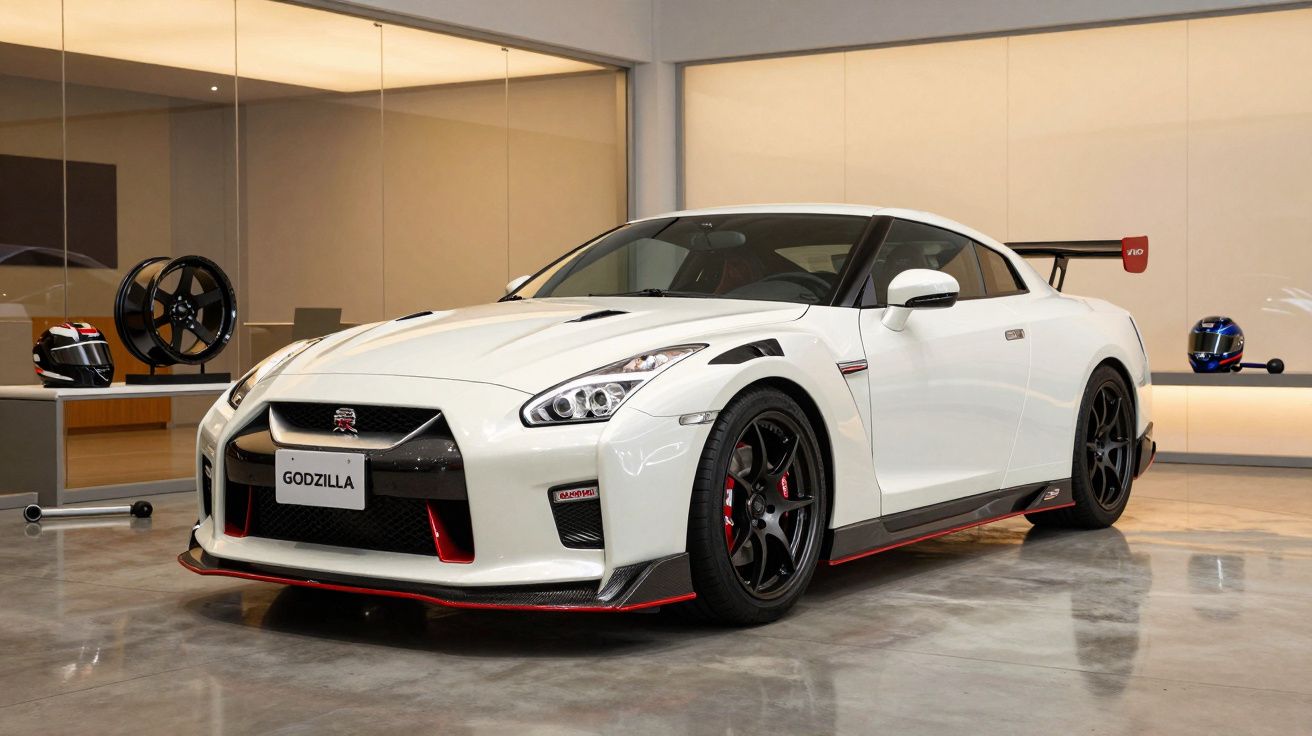 White sports car in a showroom, with racing helmets and wheels displayed in the background.