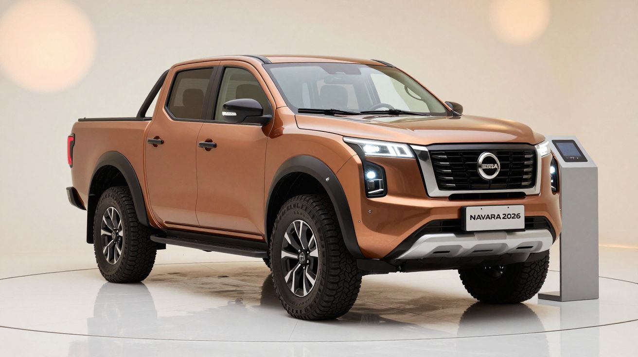 Brown Nissan Navara 2026 pickup truck displayed in a showroom with bright lighting.