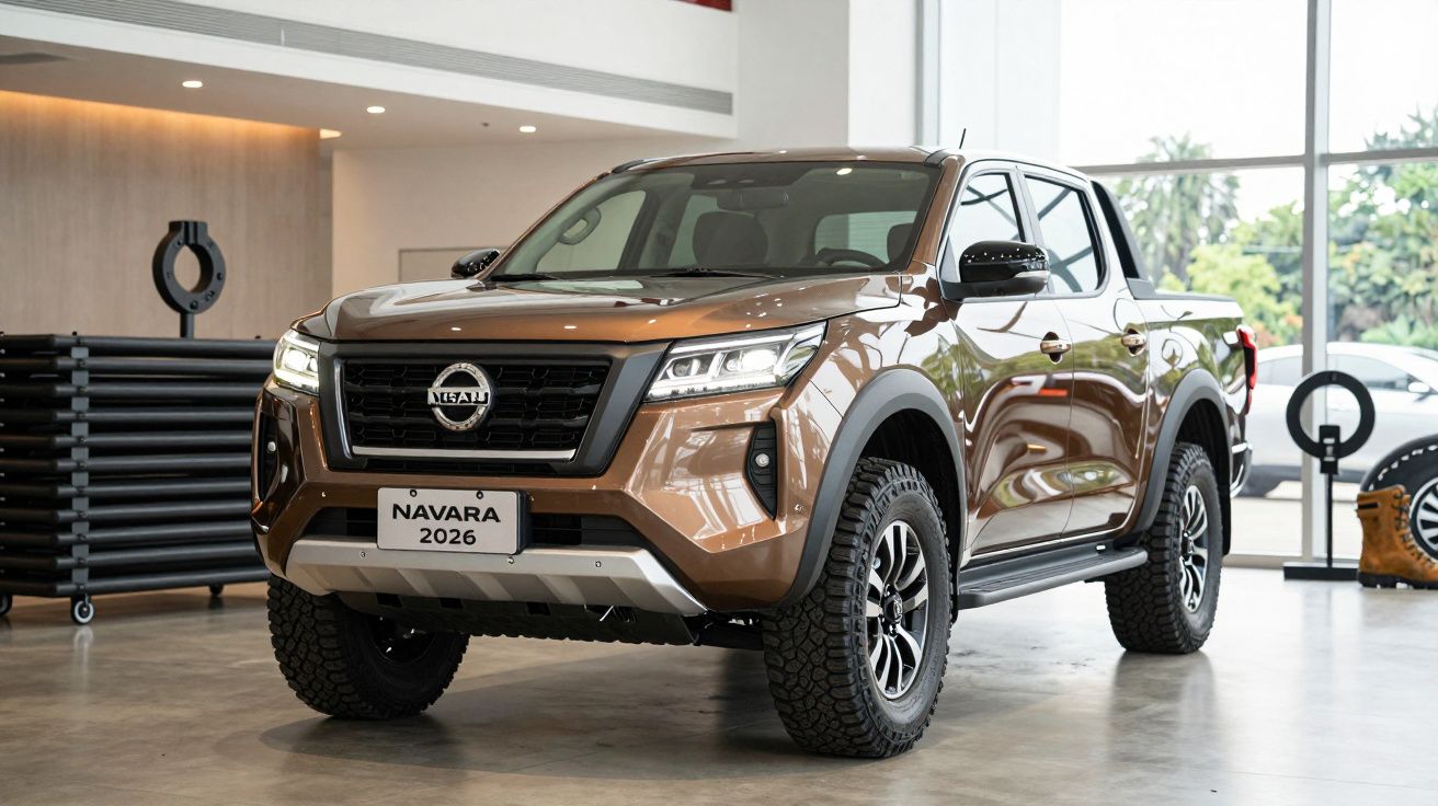 Brown Nissan Navara 2026 pickup truck displayed in a showroom with large windows and modern lighting.