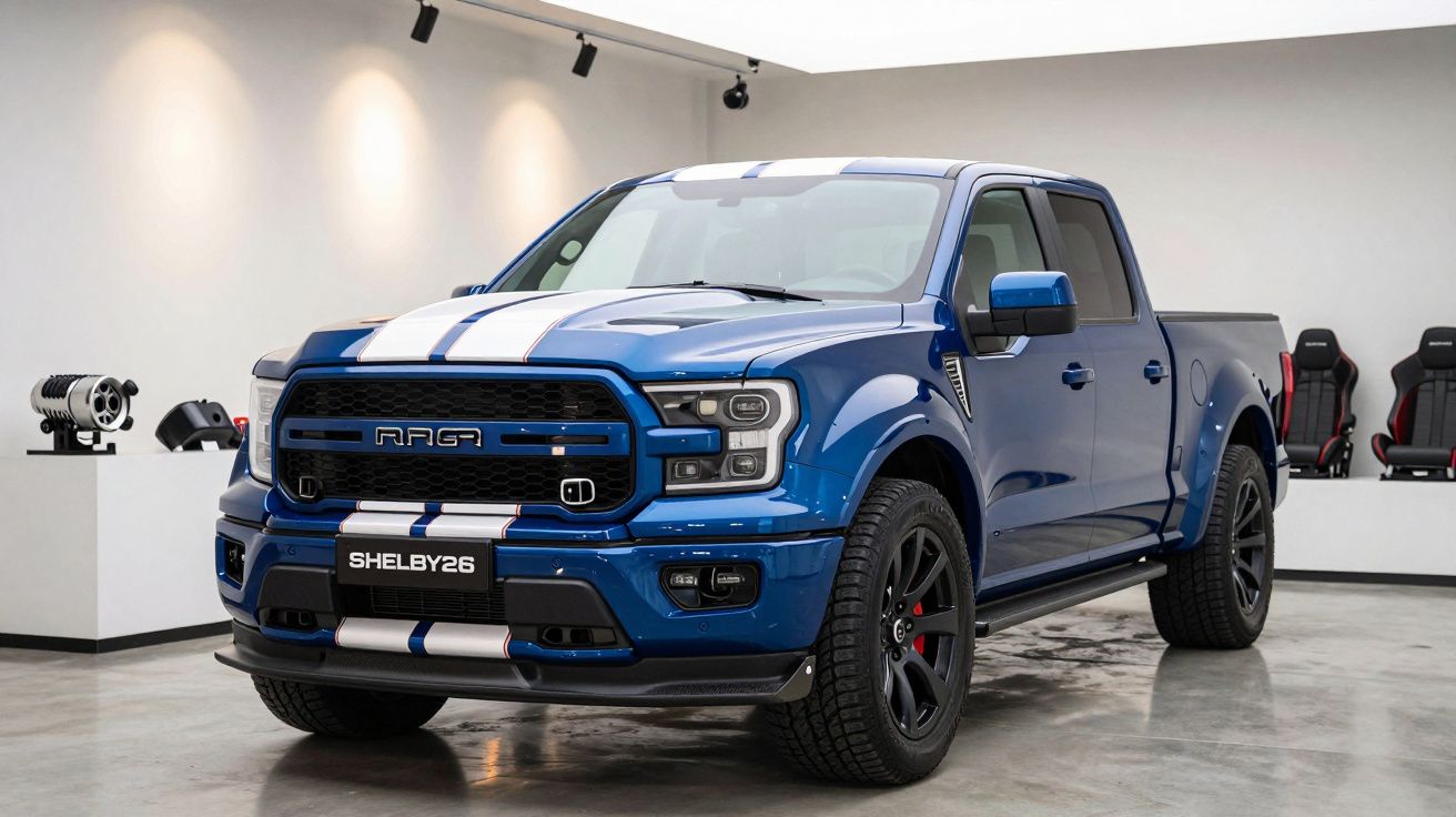 Blue Ford pickup truck with white racing stripes in a modern showroom.
