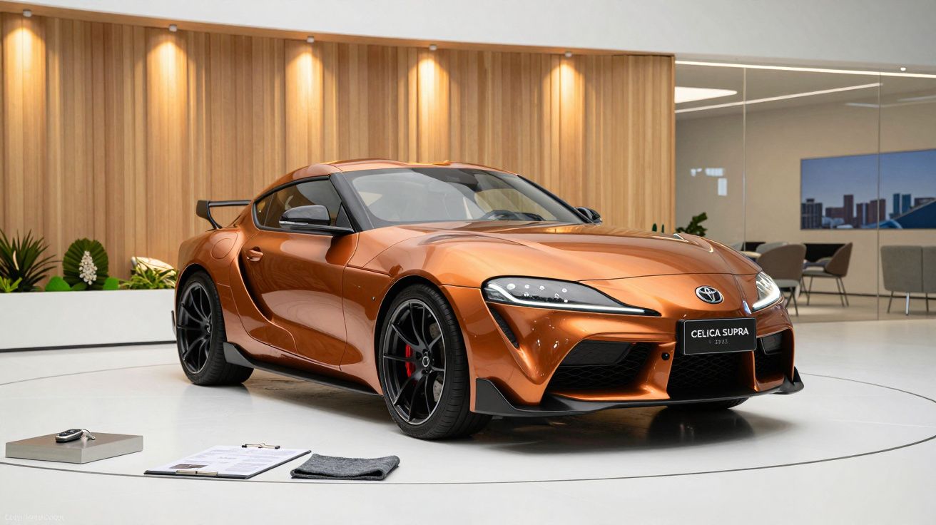 Orange Toyota Supra displayed in a modern showroom with wooden accents and plants in the background.