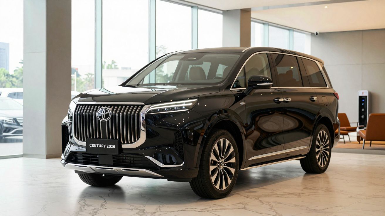Black luxury SUV with sleek design, chrome detailing, and modern headlights in a spacious, well-lit showroom.