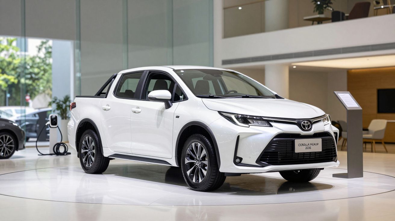 White Toyota Corolla pickup truck on display in a modern showroom.