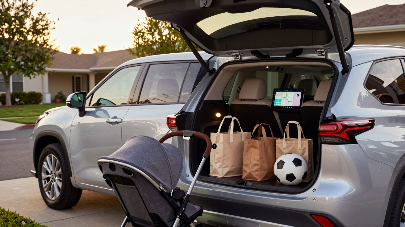 Silver SUV parked in driveway, rear hatch open, showing grocery bags and a soccer ball in the trunk, stroller nearby.
