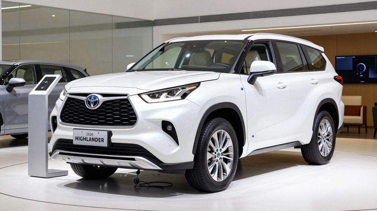 White 2024 Toyota Highlander SUV displayed in a showroom.