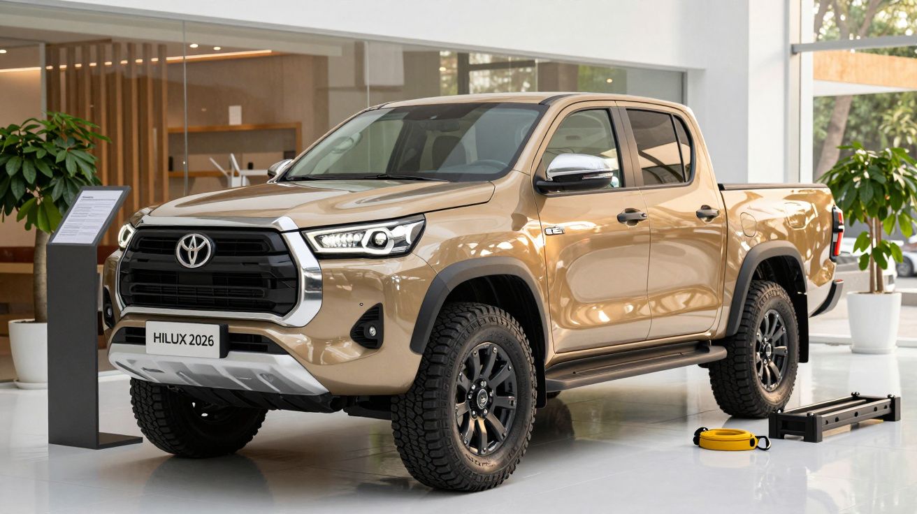 Tan 2026 Toyota Hilux pickup truck displayed in a modern showroom with plants and stands nearby.