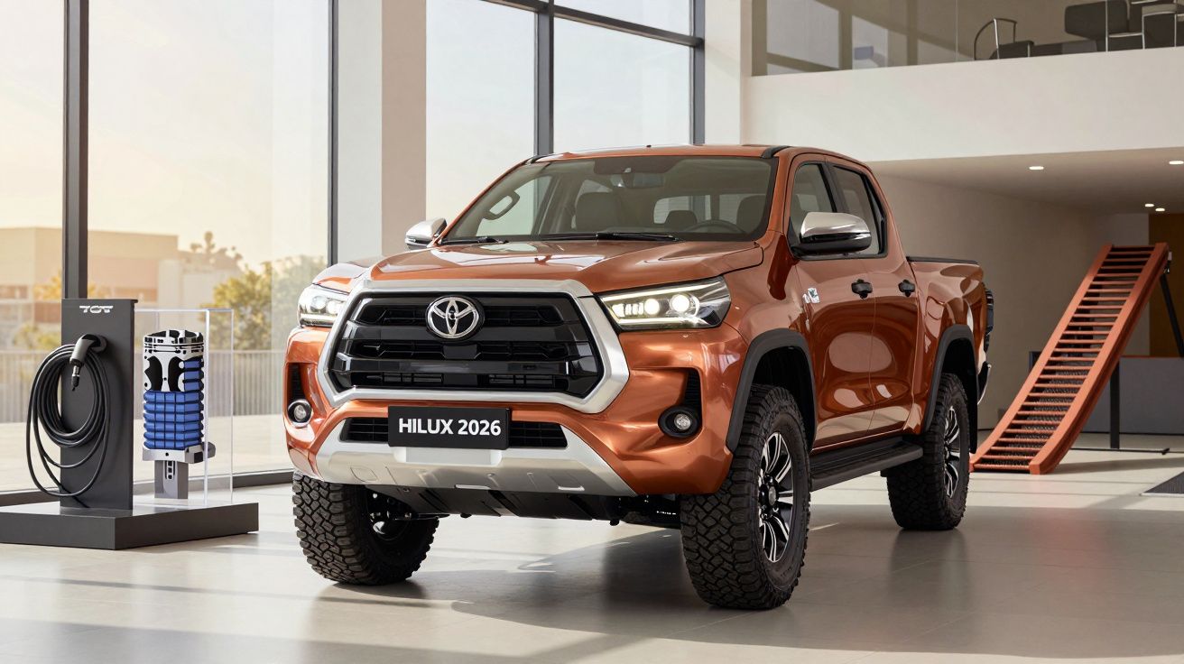 Toyota Hilux 2026 in a showroom, positioned next to an electric charging station.