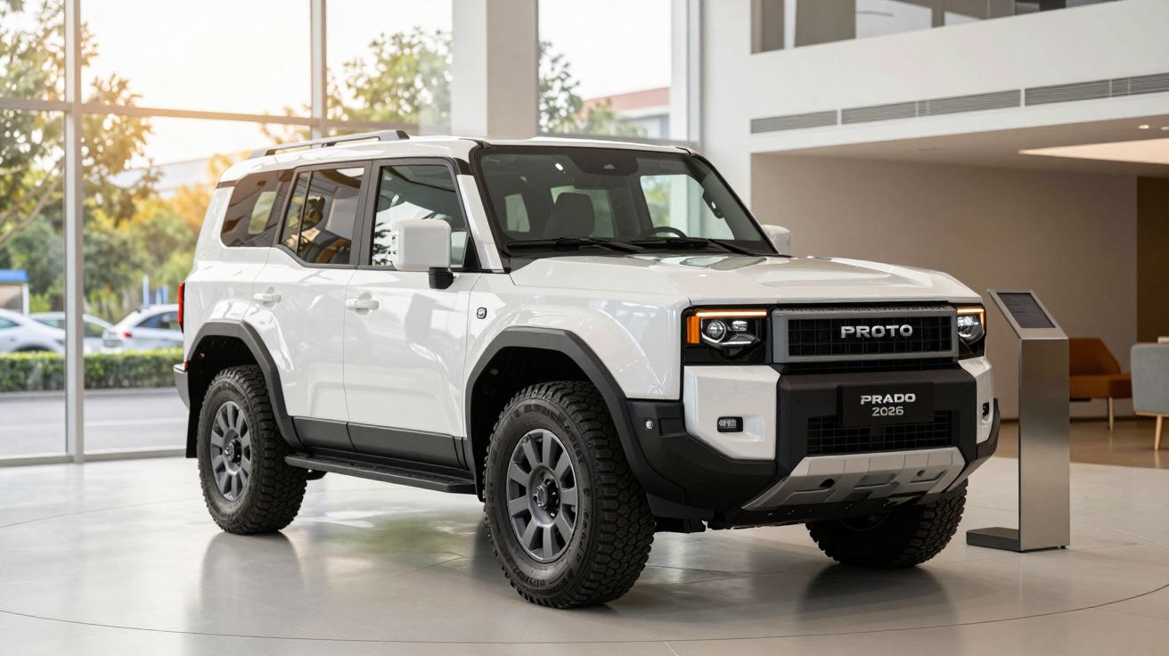 White off-road SUV with rugged tires on display in a modern showroom.