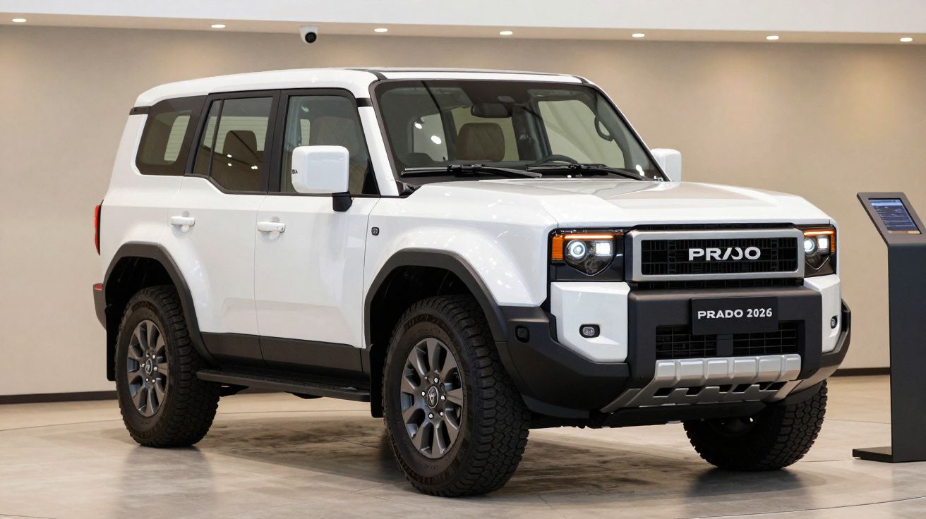 White SUV with rugged design, parked indoors, featuring a prominent grille and robust wheels.