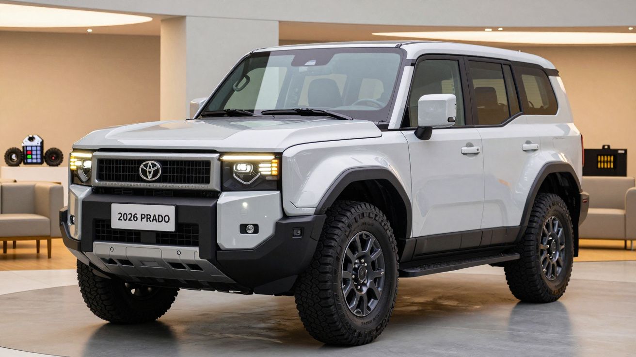 White 2026 Toyota Prado SUV displayed indoors with rugged tires and modern design elements.