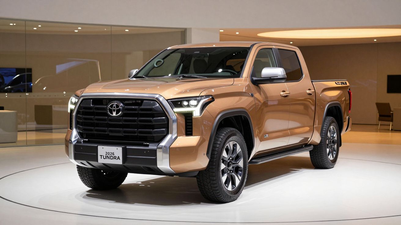 2025 Toyota Tundra in a showroom, bronze color, front and side view with modern grille and sleek design.
