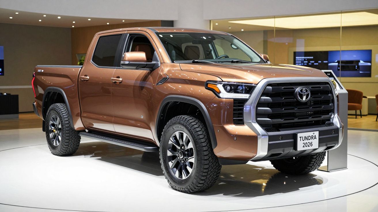 Bronze 2026 Toyota Tundra pickup truck displayed in a showroom, viewed from the front passenger side.