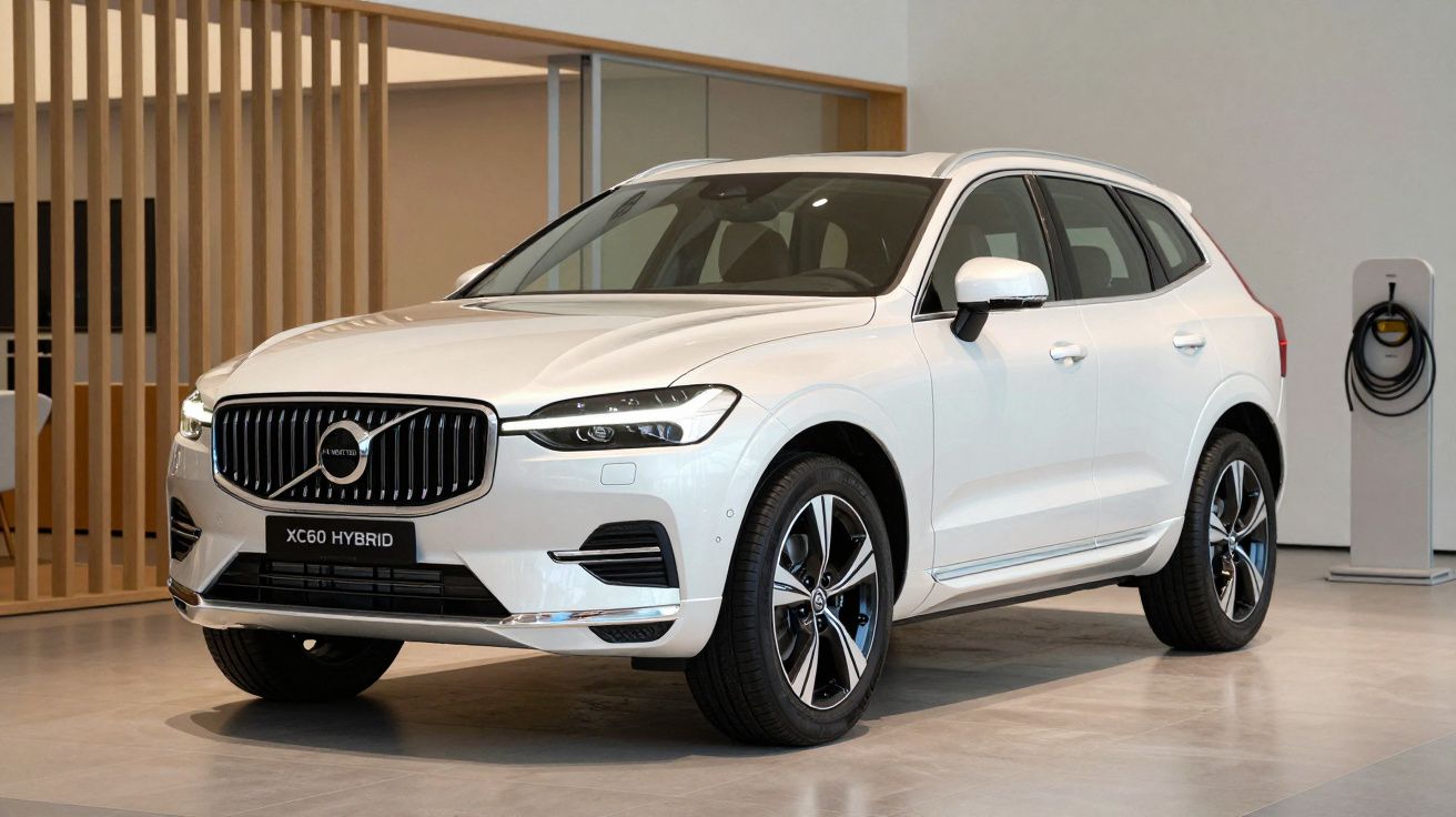 White Volvo XC60 Hybrid SUV parked indoors near a charging station.