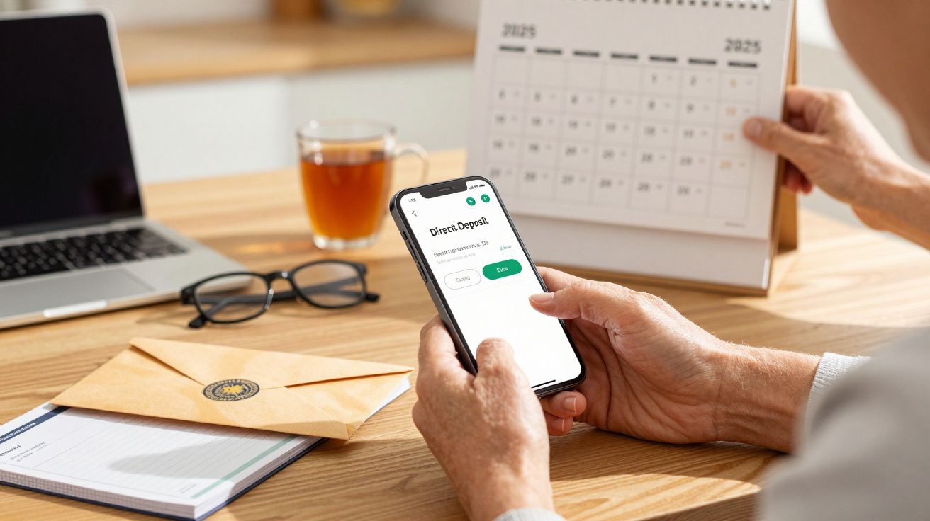 Person using a smartphone for direct deposit beside a calendar; envelope and glasses on a wooden table.