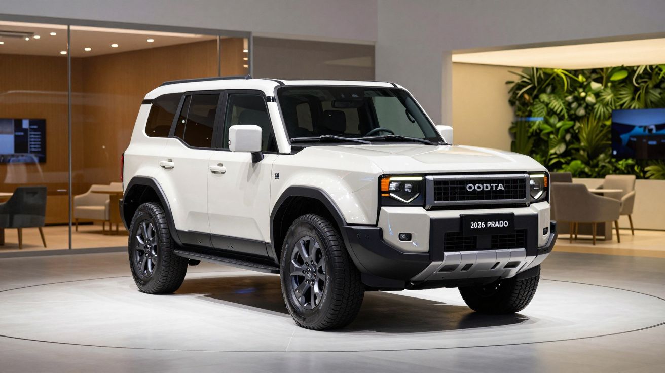 White 2026 Prado SUV displayed in a modern showroom with a sleek and rugged design.