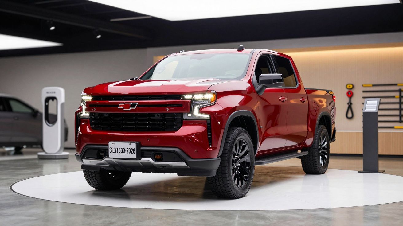 Red Chevrolet Silverado pickup truck displayed indoors on a circular platform.