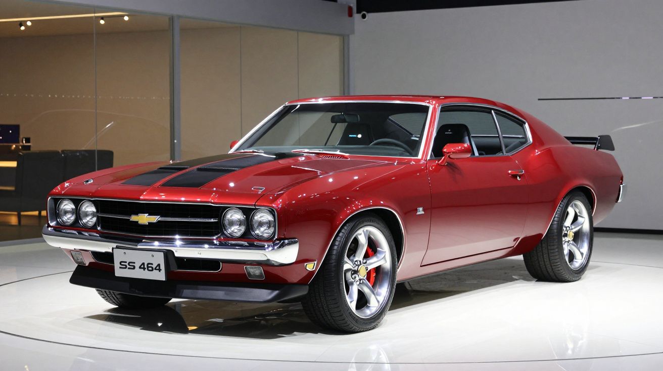 Red classic muscle car with black racing stripes displayed in a showroom.
